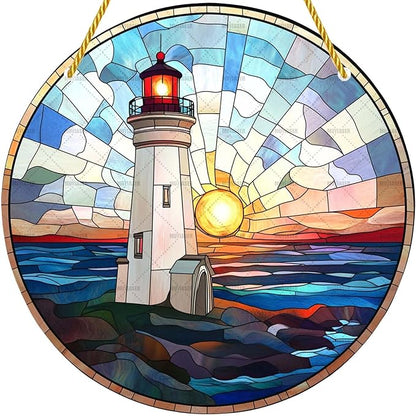 Acrylic Stained Window Hanging Sea Lighthouse Acrylic Decoration for Indoor Outdoor Home Bar Office Garden Plastic Ornament Decor 12x12 Inch