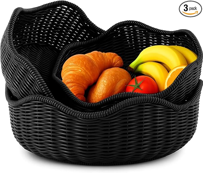 3 Pcs Wicker Bread Basket Plastic Rattan Woven Bread Baskets for Serving Rattan Fruit Bowl Kitchen Restaurant Counter Organizing (11.4'',10.3'',8.7'')