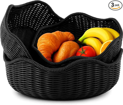 3 Pcs Wicker Bread Basket Plastic Rattan Woven Bread Baskets for Serving Rattan Fruit Bowl Kitchen Restaurant Counter Organizing (11.4'',10.3'',8.7'')