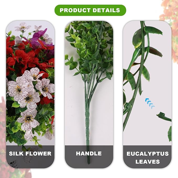 12 Bundles Artificial Flowers,Faux Plants for Spring Summer Decoration, UV Resistant Colorful Violets Eucalyptus for Outside Home Planter Porch Patio Yard Décor