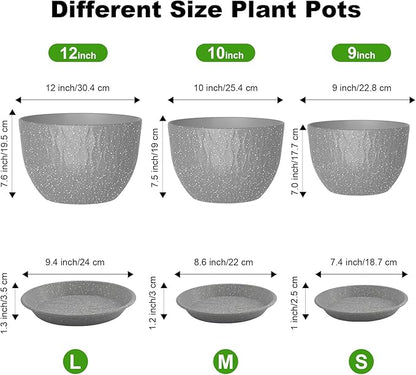 12/10/9 Inch Planter Pots, 3-Pack Large Flower Pots for Indoor Outdoor Garden Plants, Big Plant Pots with Multi Mesh Drainage Holes and Saucer (Speckled Grey, 12"+10"+9")