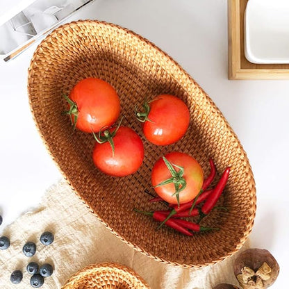 i-lan Large Size Handmand Oval Bread Serving Basket, Natural Rattan Fruit Bowl, Coffee Table Tray for Food Storage, Snack, Vegetable, Honey Brown （L: 12.5")