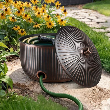 Monarch Abode Garden Hose Holder with Lid – Decorative Water Hose Holders for Outside, Ridge Embossed Metal Antique Copper Pot with Drainage, 100ft Waterhose Holder for Outside, Garden Storage Caddy