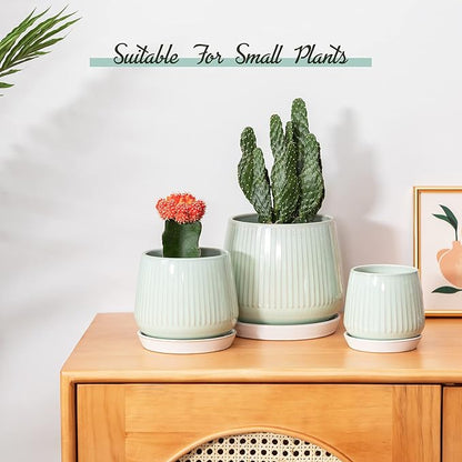 TAMAYKIM 4.25 + 5.5 + 7 Inch Ceramic Plant Pots with Drainage Holes and Saucers, Small to Large Planter Sets for Plants, Succulent, Cactus and Herbs, Green, Set of 3