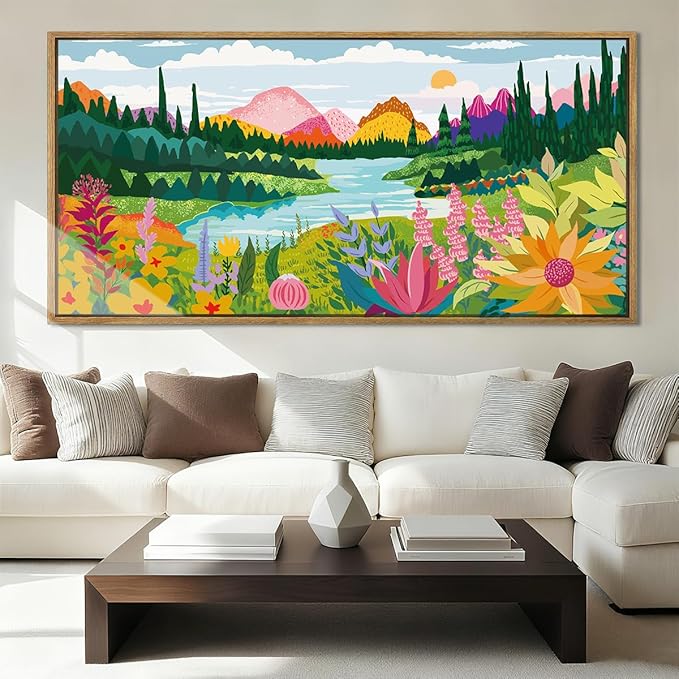 ANHUIB Large Colorful Wall Art 20x40 Inch Framed Abstract Floral Wall Decor Forest Woodland Painting Muticolor Mountain Range Illustration for Living Room Dining Room Bedroom