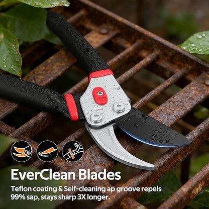 8.5” Pruning Shears, Professional Garden Pruner with Jam-Proof Spring & Ever-Sharp SK5 Blade, Ergonomic Bypass Clippers for Rose, Tree Trimming, Heavy Duty Bonsai Scissor for Weak Hand