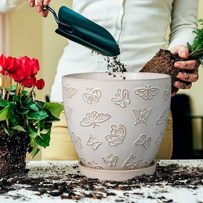 Ceramic Planter Pot 10 Inch- Large Plant Pot with Drainage Hole and Saucer Modern Round Flower Pot for Indoor Outdoor Plants White