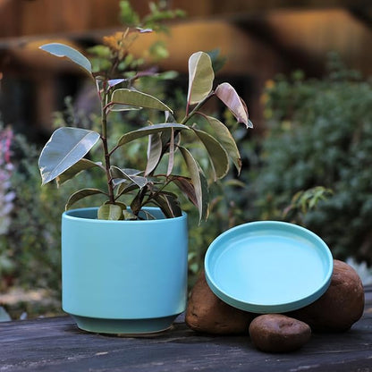 PLANTATOREM Ceramic 14 Inch Mid Modern Planter Pot with Drainage Hole and Saucer, Indoor Cylinder Round Flower Pot, Perfect for Planting Succulents, Herbs, Flowers, House Plants, Aqua Marine Satin