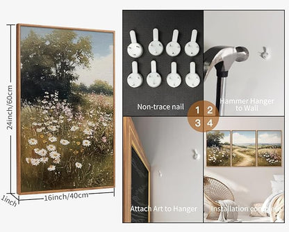 Rantodecor Rustic French Country Framed Canvas Wall Art, Vintage Flower Field Wall Decor, Calming Nature Landscape Art Paintings, Modern Wildflower Artwork for Farmhouse Bedroom Living Room 16"x24"x3
