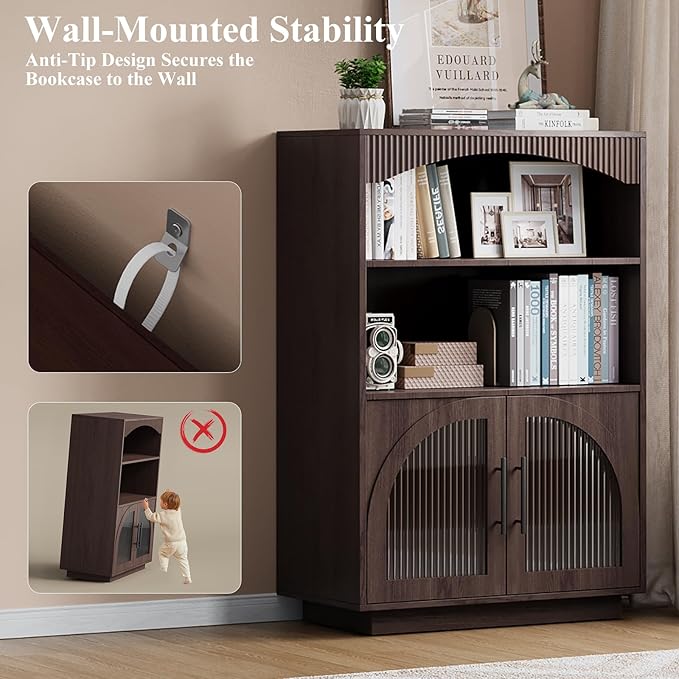 46" Bookshelf with Doors, Brown Bookcase with Glass Door, 3 Tier Small Bookshelf w/Deep Storage Cabinet and Adjustable Shelves, Wood Standing Mid Century Book Shelf for Home Office Kitchen
