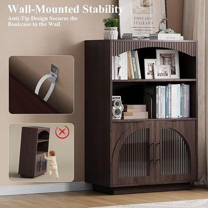 46" Bookshelf with Doors, Brown Bookcase with Glass Door, 3 Tier Small Bookshelf w/Deep Storage Cabinet and Adjustable Shelves, Wood Standing Mid Century Book Shelf for Home Office Kitchen