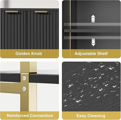 Set of 2 Ladder Bookshelf with Cabinet, 71" Tall Bookcase with Shelves & Storage, Fluted Ladder Shelf with Metal Frame, 6-Tier Display Rack for Living/Bedroom, Home & Office, Black & Gold