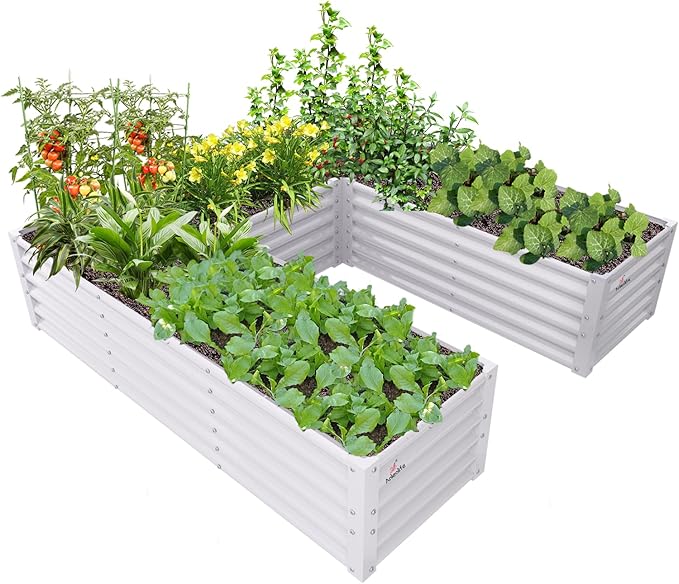 A ANLEOLIFE U-Shaped Outdoor Galvanized Raised Garden Bed, 6x6x1.5ft, Center-Access Bottomless Planter Box, 22-Gauge Corrugated Metal, Reinforced Bracing Rods, Antique White