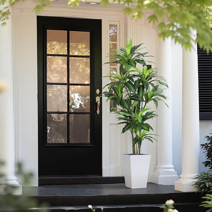 Artificial Dracaena Plant 6ft with White Tall Planter, Potted Artificial Dracaena Silk Plant, Fake Yucca Tree Plant, Home Office Floor Room Decor Plants Indoor Outdoor, Housewarming Gift