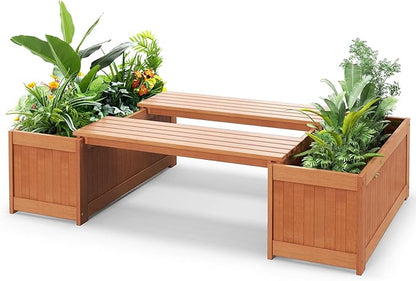 2 Pack Outdoor Planter Benches, 45 Gallon Outdoor Bench Wooden Raised Garden Bed with Planter Box, 2-in-1 Wood Planter Bench Deck Plant Box for Porch, Patio, Garden & Backyard