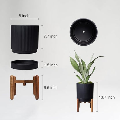 8 Inch Ceramic Planter with Natural Wood Stand w/Drainage & Saucer - Modern Indoor Planter for Cacti, Snake Plants & Aloe Vera Black