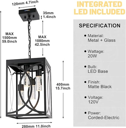 4-Lights LED Large 5CCT Outdoor Pendant Lights, Black Hanging Porch Lighting Fixture Build-in LED Chips with Clear Glass, Exterior Lantern Chandelier Ceiling Mount for Front Door Patio Garden