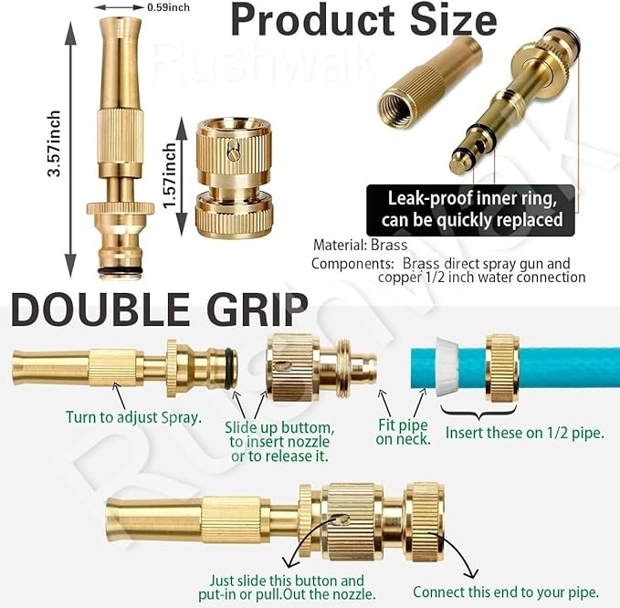 Solid Brass Garden Hose Nozzle – Heavy Duty Adjustable Twist Water Spray Nozzle, High Pressure Jet to Fine Mist, Leak-Proof Design for Gardening, Car Washing & Patio Cleaning