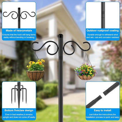 Adjustable Shepherd Hooks for Outdoor,1 Pack 70 Inch 5 Prong Base Bird Two Sided Feeder Poles,Heavy Duty Shepherds Hook,Suitable for Garden in Hanging Flower Basket,Lantern,Bird Nests (1 Pack 70 inch)
