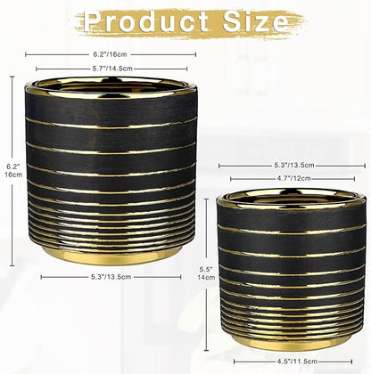 Black Ceramic Plant Pots, 5.5 + 6.2 Inch Gold Striped Panters for Plants, Modern Flower Pots for Home and Office, Indoor Planters with Drainage for Succulent Cactus Home Decoration Gift Indoor Outdoor