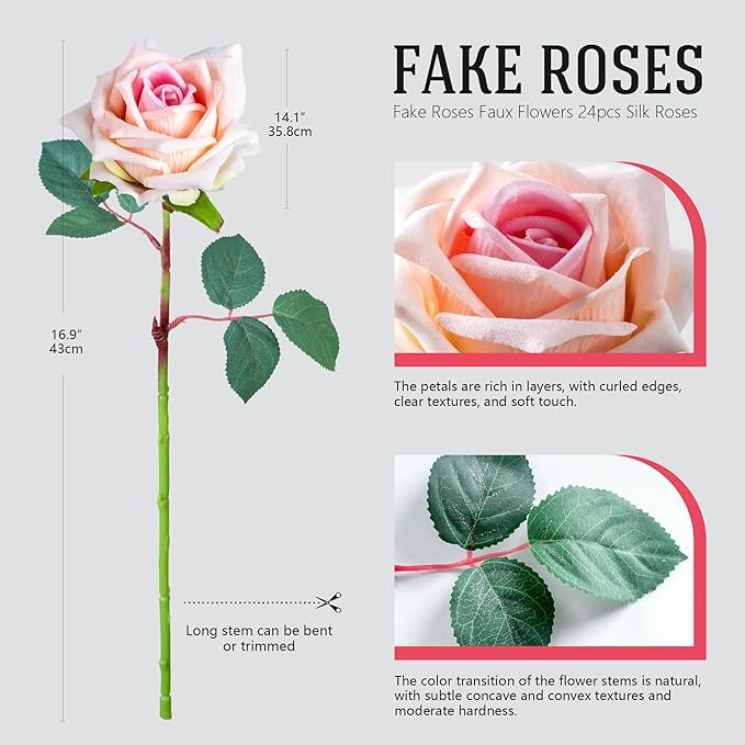 Fake Roses Faux Flowers Silk Roses Artificial Roses with Stems Realistic Artificial Flowers 16.5In Suitable for Indoor Home Decoration DIY Bouquet Wedding Decor Party Decor (Pink, 24PCS)