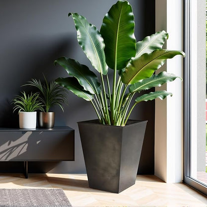 Worth Garden Large Metal Glazed Floor Planter Set of 2-14" Dia x 18" H - Luxurious Glossy Finish Black Tall Square Tapered Steel Plant Pots, Decor Flower Pot Indoor & Outdoor, Drainage Hole