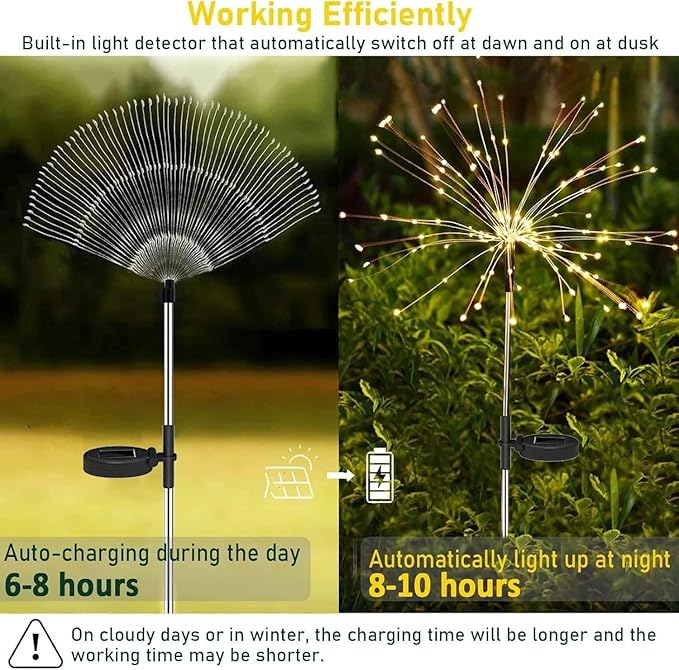 Redefun Solar Fireworks Lights 2 Pack 120 LEDs Solar Garden Outdoor Lights, 8 Modes Tall Sparkler Yard Light Waterproof Dandelion String Light for Outside Patio Pathway Decorations - Warm White