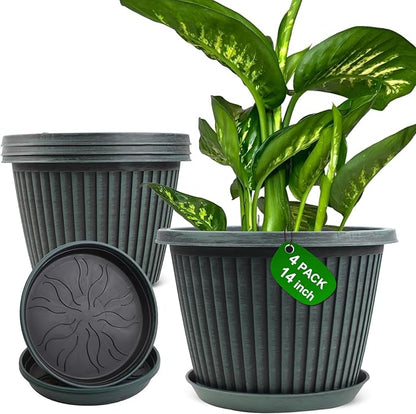 Large-Planter-Indoor-Outdoor Plant Pots, 14 inch 4 Pack Plastic Flower Pots with Saucer And Drainage Holes, Modern Garden Planters For Planting Medium Large Plants， Decorative Resin Garden Pots