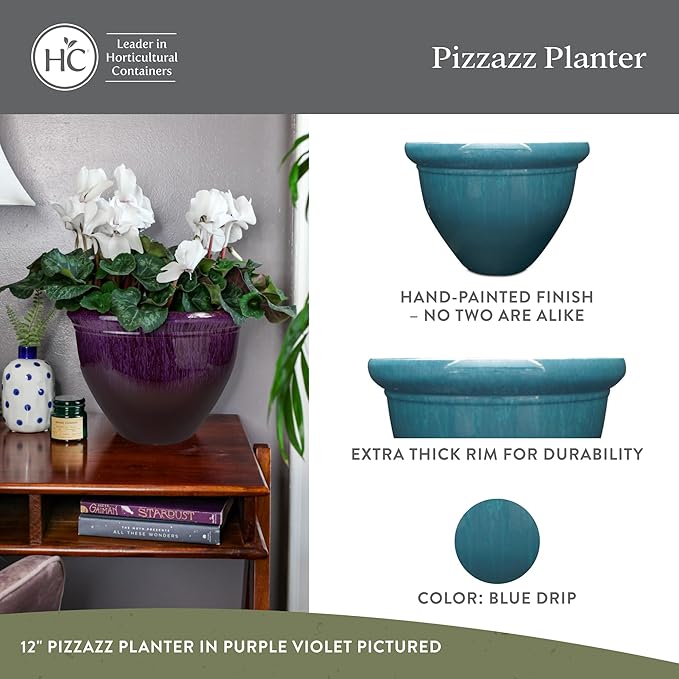 The HC Companies 12 Inch Pizzazz Round Planter Pots with Ceramic Look, Lightweight UV-Resistant Plastic Outdoor Planters, 2-Pack Flower Pots for Garden & Home Decor, Blue Drip