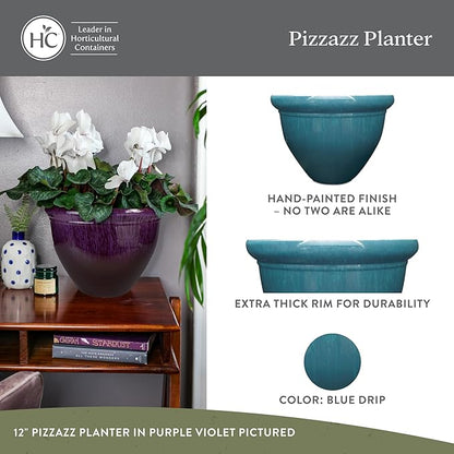 The HC Companies 12 Inch Pizzazz Round Planter Pots with Ceramic Look, Lightweight UV-Resistant Plastic Outdoor Planters, 2-Pack Flower Pots for Garden & Home Decor, Blue Drip