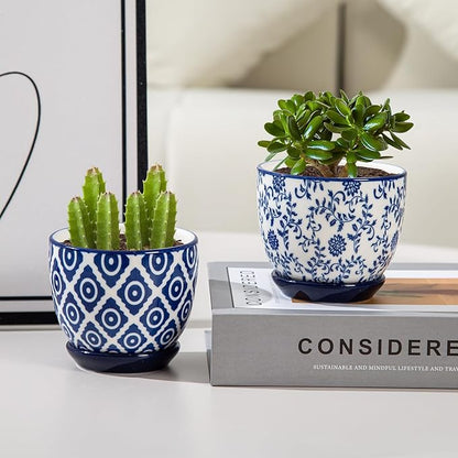Ceramic Succulent Planter Pots - 3.5 Inch Small Flower Pot with Drainage Holes and Saucers for Indoor Plant, Cactus, Herbs, Outdoor Plants, Home Decor, Set of 4, Vintage Blue