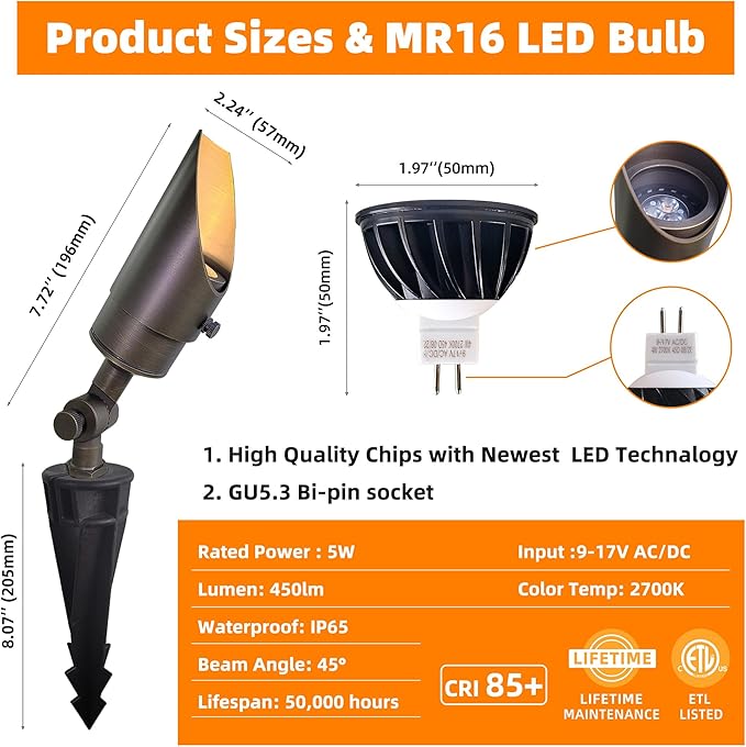 MALORY Landscape Spotlight, Brass Spot Light Outdoor with 5W MR16 LED Bulb, 12V AC/DC Low Voltage Landscape Lighting Waterproof Spot Lights for Outside Tree, Garden, Yard (S01, 1 Pack with Bulb)