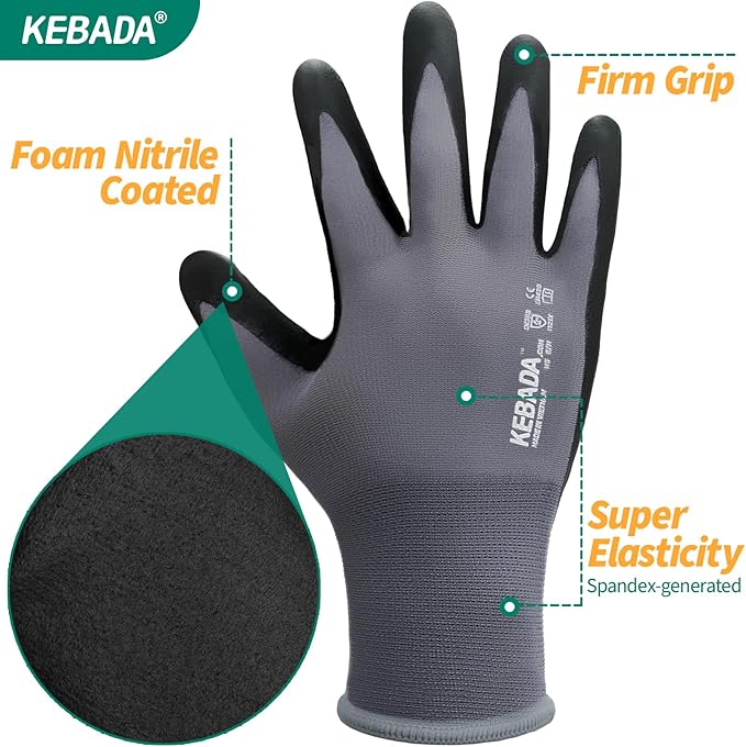 Kebada 12 Pairs Work Gloves for Men and Women, Nitrile Coated Safety Protective Gloves with Grip, Ideal for Gardening, Warehouse, Mechanic, Light Duty Construction Work,Large