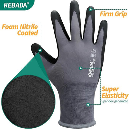 Kebada 12 Pairs Work Gloves for Men and Women, Nitrile Coated Safety Protective Gloves with Grip, Ideal for Gardening, Warehouse, Mechanic, Light Duty Construction Work,Large