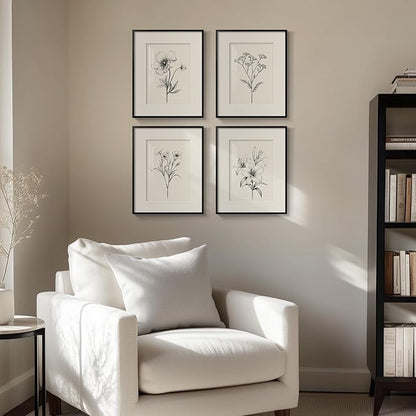 Framed Black and White Botanical Wall Art for Bathroom, Farmhouse Floral Plant Artwork for Bathroom Walls, 4 Piece Minimalist Vintage Picture Prints for Bedroom Kitchen Living Room Wall Decor, 8x10 In
