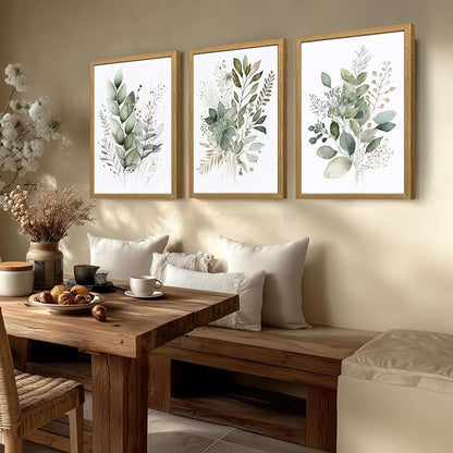 LLEEMPI Sage Green Wall Art Set of 3, Modern Watercolor Botanical Wall Decor, Eucalyptus Leaf Canvas Painting, Classic Minimalist Florals Poster Print for Bedroom Bathroom Office Wood Framed 16x24 Inch