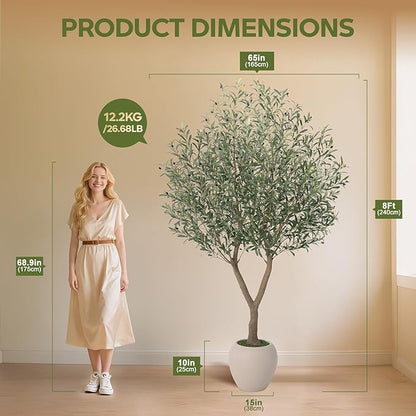 8FT Artificial Olive Tree - Realistic Tall Fake Plants with UV Resistant Leaves & Fruits,Faux Tree with Round White Pot,Perfect for Living Room,Office,Indoor/Outdoor Home House Decor,VN163