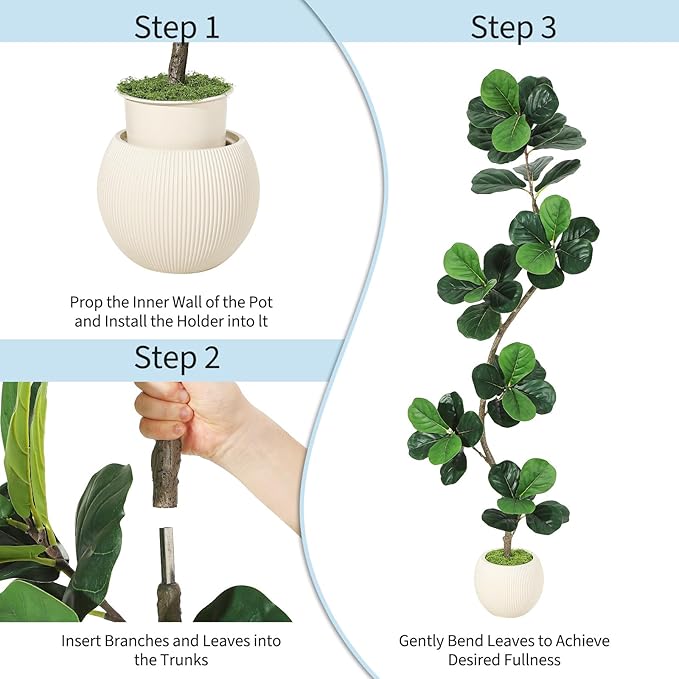 6ft Artificial Fiddle Leaf Fig Tree, Tall Fake Plants with White Planters, Artificial Plants Indoor with Realistic Moss for Home Decor Office Living Room