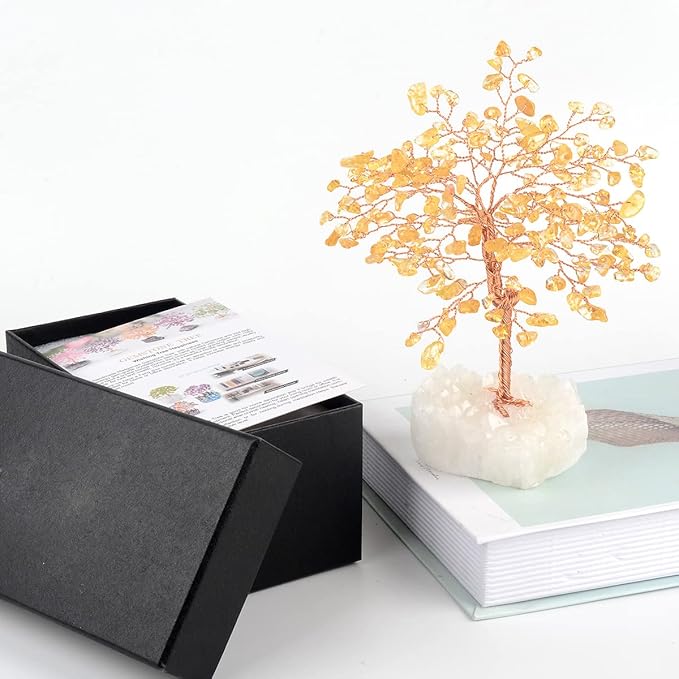 Natural Citrine Gemstone Crystal Tree of Life,Clear Quartz Cluster Base,Bonsai Money Tree Feng Shui Home Decor,Healing Crystals Positive Energy Gift for Luck and Wealth 5.5"-6.3"