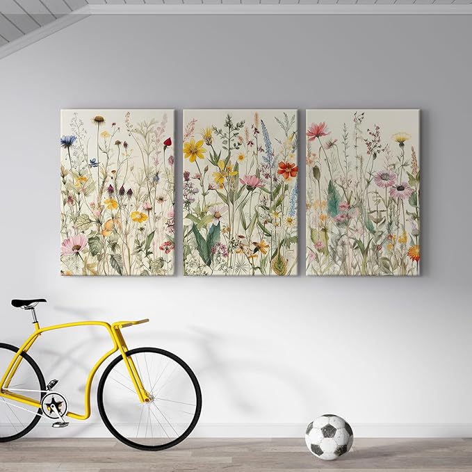 3 Pcs Framed Flowers Canvas Wall Art Watercolor Floral Botanical Prints Wildflower Pictures Wall Decor Colorful Plant Paintings Posters for Bathroom Living Room Bedroom Office Kitchen(12x16in)