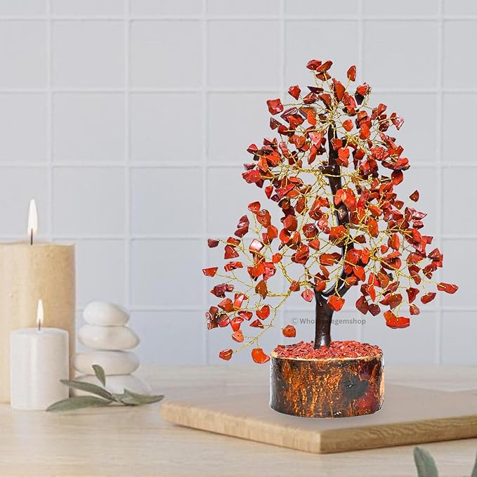 Red Jasper Crystal Tree with Golden Wire – Feng Shui Artificial Gemstone Tree for Home & Office Decor, Meditation & Healing