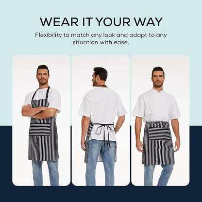 Will Well Kitchen Apron for Men and Women - 33" x 27" Oil-and-Water-Resistant with Adjustable Neck Strap and 38" Waist Ties for a Snug Fit, Lightweight with 2 Front Pockets - 6-Pack, Black