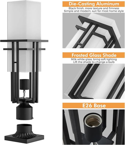 Outdoor Post Light Fixture - Aluminum Lamp Posts Outdoor Lighting, Outdoor Lightpost Lantern with 3-Inch Pier Mount Base Outside Pole Lighting for Porch Garnden (19.3''H, 1 pc)