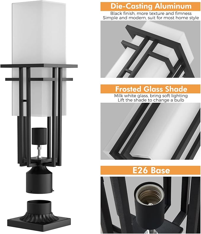 Outdoor Post Light Fixture - Aluminum Lamp Posts Outdoor Lighting, Outdoor Lightpost Lantern with 3-Inch Pier Mount Base Outside Pole Lighting for Porch Garden (22''H, 1 pc)