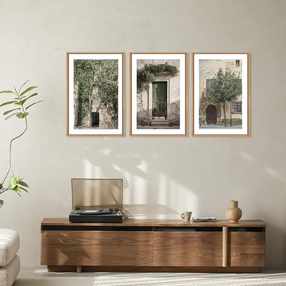 HOURIA Large Vintage Italy City Landscape Framed Canvas Wall Art Set,Green Olive Tree Old House Wall Decor,Malta Modern Minimalist Country Farmhouse Art Print for Living Room,Bedroom,Office- 24"x36"x3