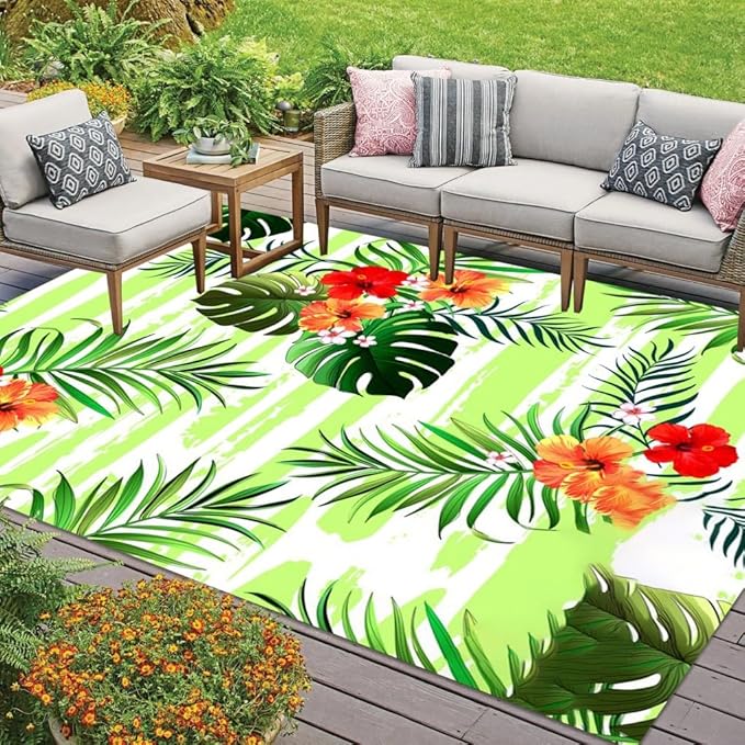 Green Red Flowers and Palm Monstera Leaves Outdoor Waterproof Area Rug 2x6 No Skid Durable Patio Deck Tropical Plants Carpet for Balcony Backyard rv Camping Kitchen Laundry Floor Rug Runner Mat