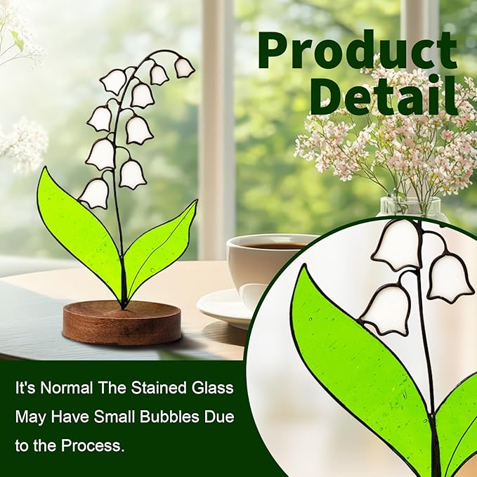 Lily of Valley Stained Glass Decor, Handmade Real Stained Glass Lily of Valley Flower Suncatchers with Walnut Wood Base, Cute Desk Windowsill Decor Plant Gifts for Women,Mom,Plant Lovers (White)