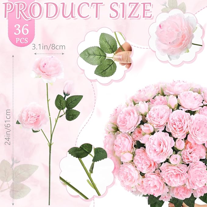 36 Bundles Artificial Flowers Peonies Roses Fake Bouquet for Wedding Bridal Shower Valentine's Day Decorations Fake Floral Arrangements Table Centerpieces Home Decor(Light Pink)
