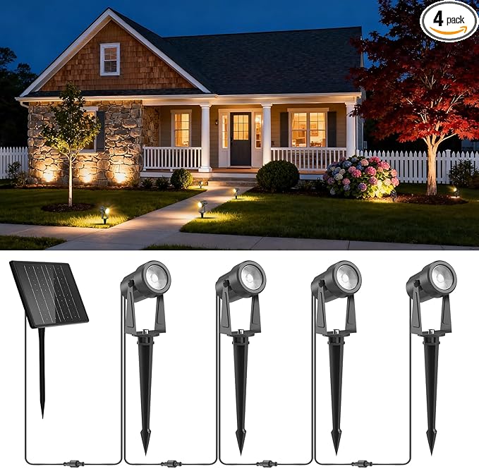 ZYAN Solar Landscape Spot Lights Outdoor 24ft Cable 6W Monocrystalline Panel & USB-C Powered 5400mAh All-Night Lighting Auto Dusk to Dawn IP65 Waterproof Warm White LED Uplights for Yard Pathway Trees