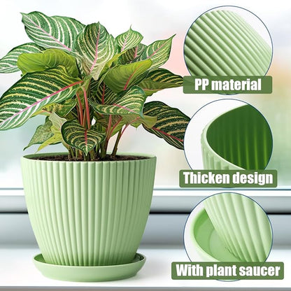 BTPLASTIK Multi-Size Planters - 7.5/6.5/5.5/4.9/4.2/3.5 Inches Plant Pots with Drainage Holes and Saucers, Plastic Flower Pots for Indoor Outdoor Plants (Green)